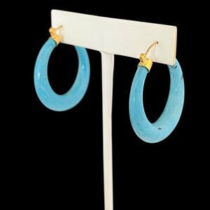 Never Worn Vintage Designer Earrings Lucite Hoops Gold Plated Leverback Blue 4N